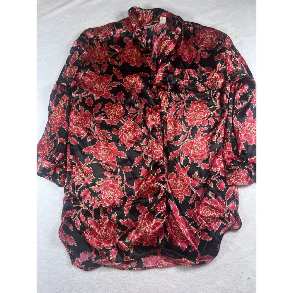 Victoria's Secret Sleepshirt Womens Medium Black Floral Satin Gold Label